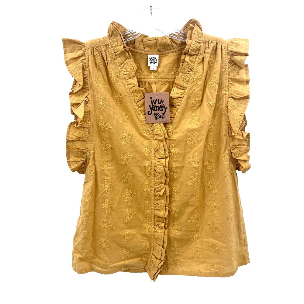 IVY JANE Womens Sz S Mustard Ruffled Sleeveless Button-Front Embroidered Top NWT